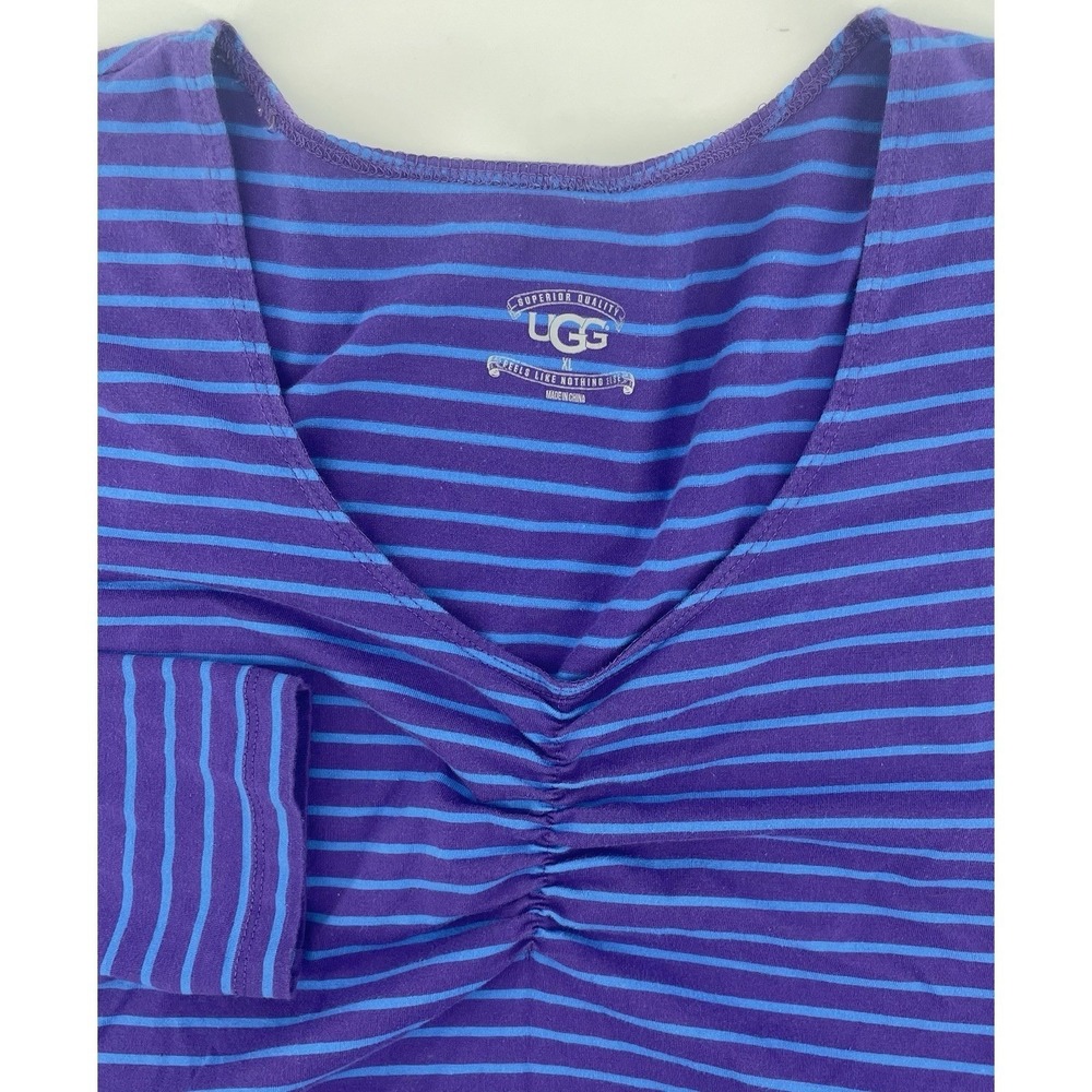UGG Australia Top Women XL Purple Blue Striped Ruched V-Neck Long Sleeve Coastal